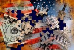Puzzle pieces with money and capitol on them