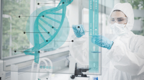 Chemist working with blue liquid