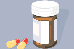 Cartoon prescription pill bottle with two pills