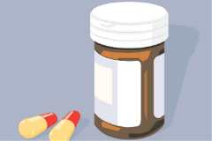 Cartoon prescription pill bottle with two pills